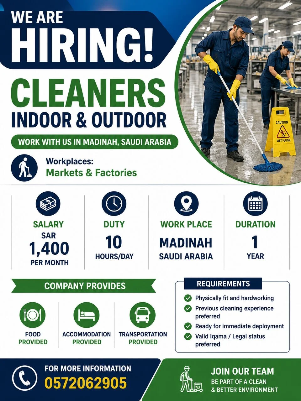 CLEANERS REQUIRED – MADINAH, SAUDI ARABIA ??