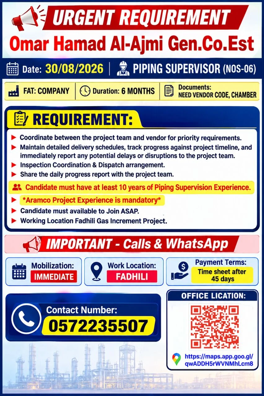 PIPING SUPERVISOR ARAMCO CERTIFIED