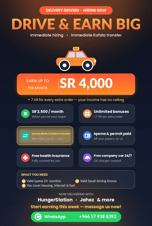 Derivers Only!! Food Delivery Drivers Wanted Immediate Hiring - 3500 SR Income