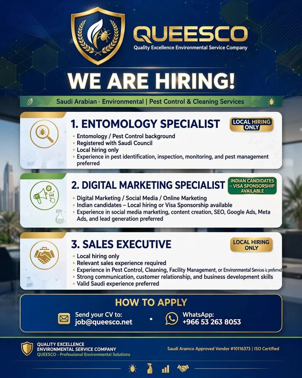WE ARE HIRING At QUEESCO! ENTOMOLOGY, DIGITAL MARKETING, SALES EXECUTIVE